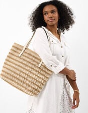 Stripe Raffia Shoulder Bag, Natural (NATURAL), large