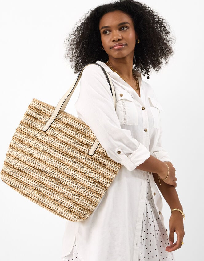 Stripe Raffia Shoulder Bag, Natural (NATURAL), large