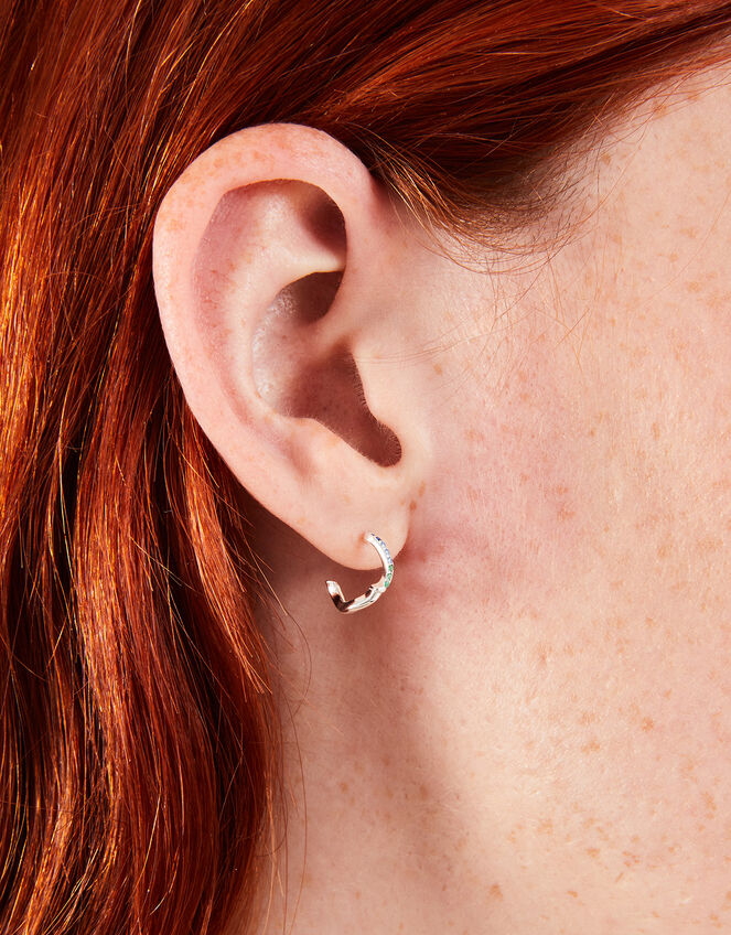 Sterling Silver-Plated Stone Hoop Earrings, , large