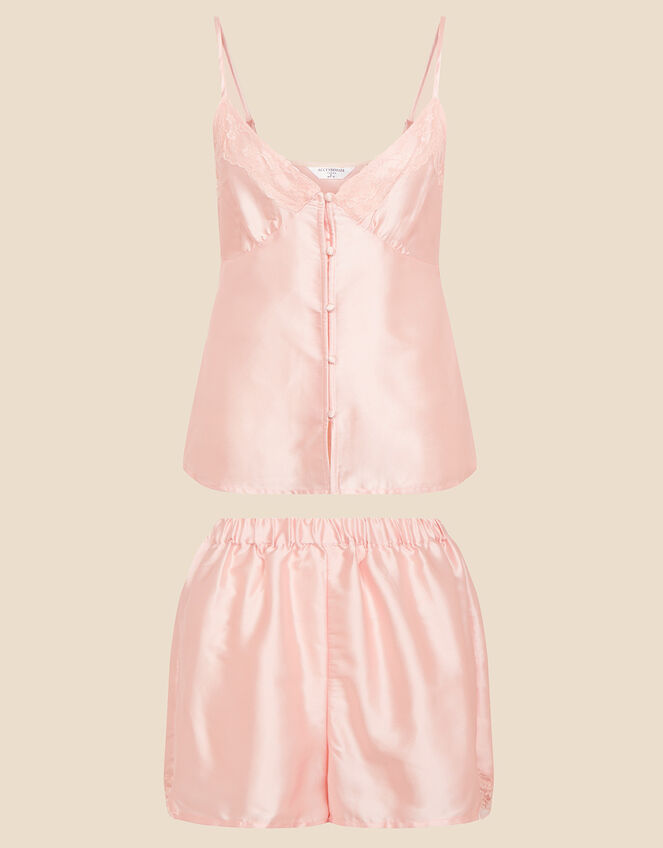 Satin Lace Trim Vest Pyjama Set, Pink (PINK), large