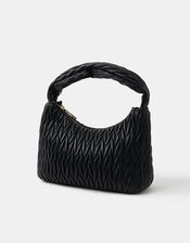 Ruched Faux Leather Handbag, Black (BLACK), large
