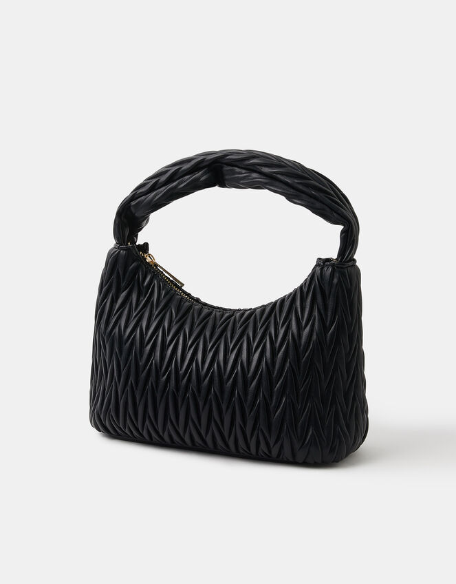 Ruched Faux Leather Handbag, Black (BLACK), large