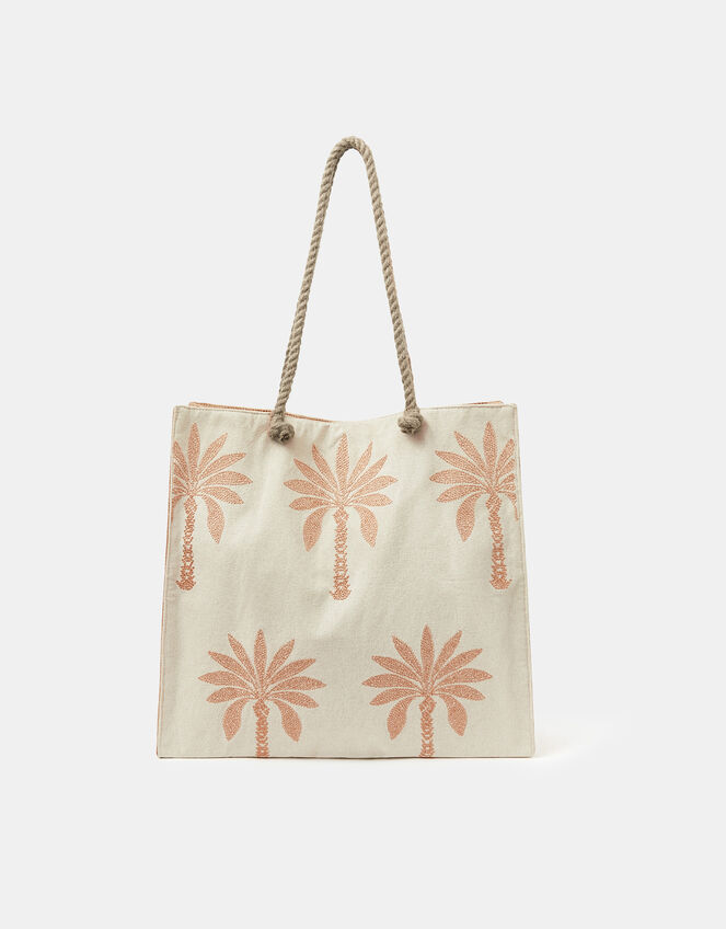 Palm Embroidered Shopper Beach Bag, , large