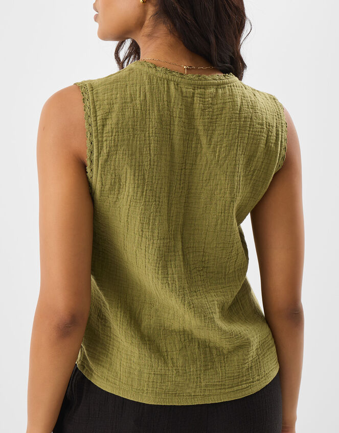 Tie-Front Crinkle Waistcoat, Green (KHAKI), large