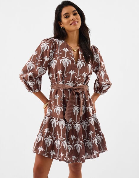 Palm Embroidered Mini Dress, Brown (BROWN), large