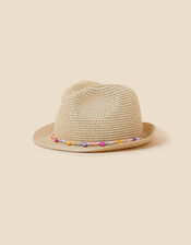 Girls Heart Beaded Band Trilby Hat, Natural (NATURAL), large