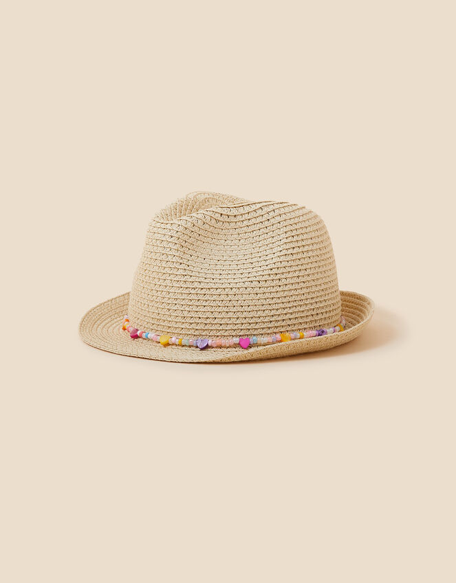 Girls Heart Beaded Band Trilby Hat, Natural (NATURAL), large
