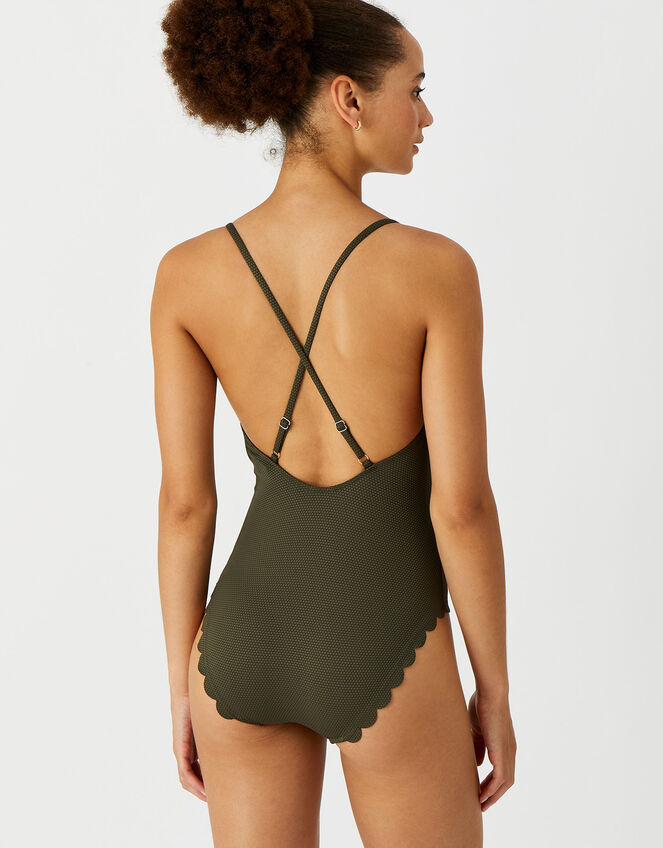 Textured Scallop Swimsuit, Green (KHAKI), large