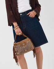 Embroidered Fringe Suede Bag, , large