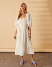Puff Sleeve Textured Midi Dress, Ivory (IVORY), large