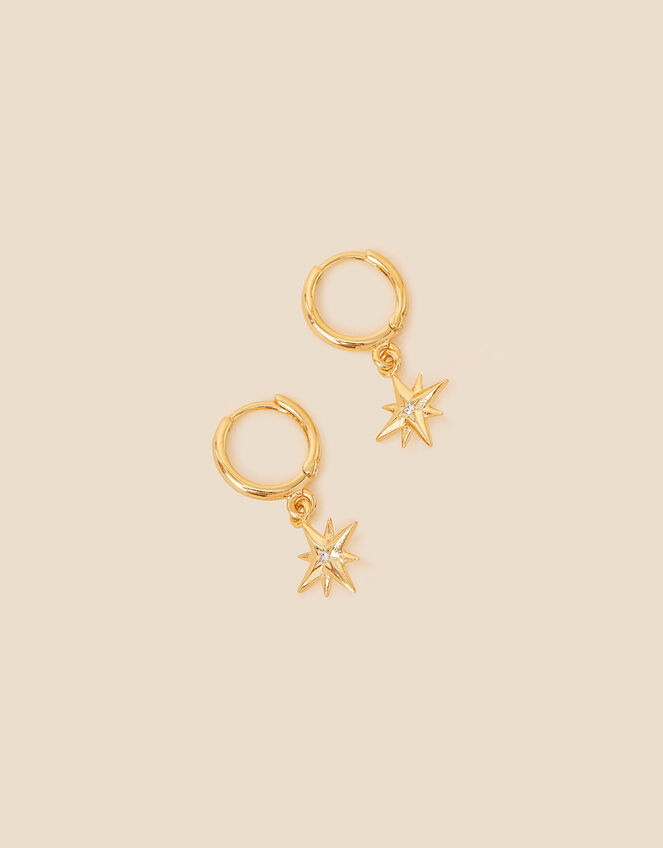 14ct Gold-Plated Star Charm Huggie Hoops, , large