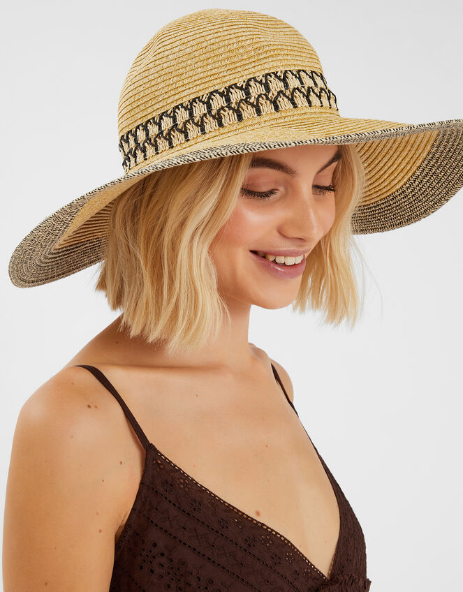 Patterned Trim Floppy Straw Sun Hat, , large