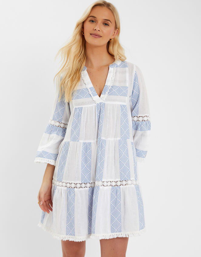 Jacquard Flute-Sleeve Mini Dress, Ivory (IVORY), large