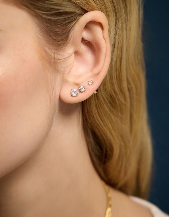 3-Pack 14ct Gold-Plated Crystal Stud Earrings, , large