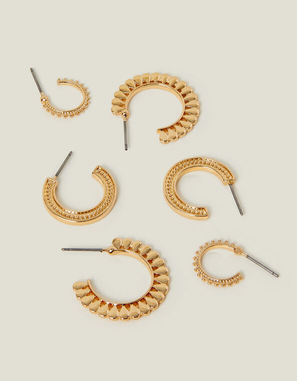 3-Pack Mix Texture Hoop Earrings Gold, , large