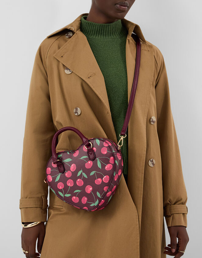 Cherry Print Heart Crossbody Bag, , large