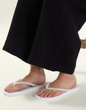 Pearl Embellished Flip Flops, White (WHITE), large