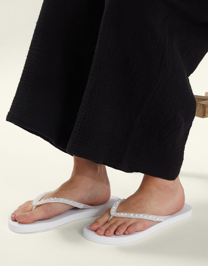 Pearl Embellished Flip Flops, White (WHITE), large