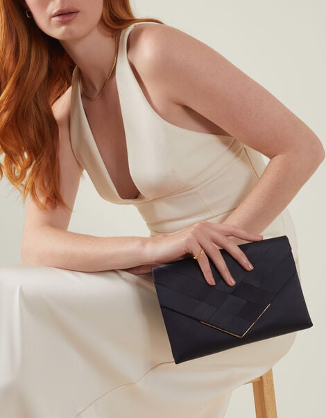 Woven Satin Envelope Clutch Bag, Blue (NAVY), large
