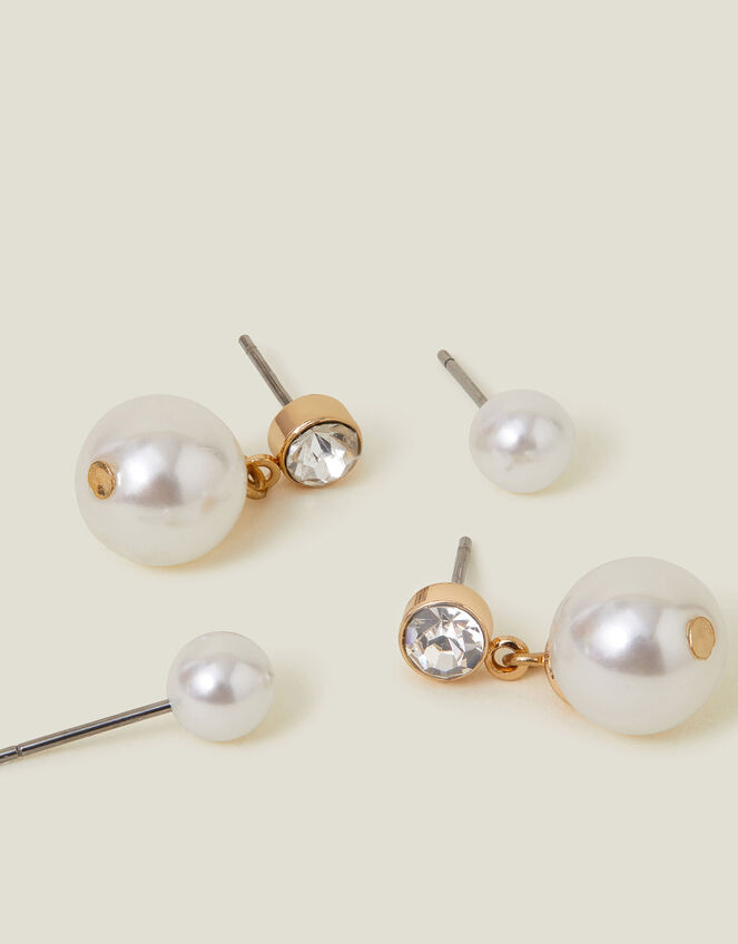 Tiny Pearl Stud and Short Drop Earrings Set of Two, Cream (PEARL), large