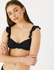 Frill Shoulder Ruched Bandeau Bikini, Black (BLACK), large