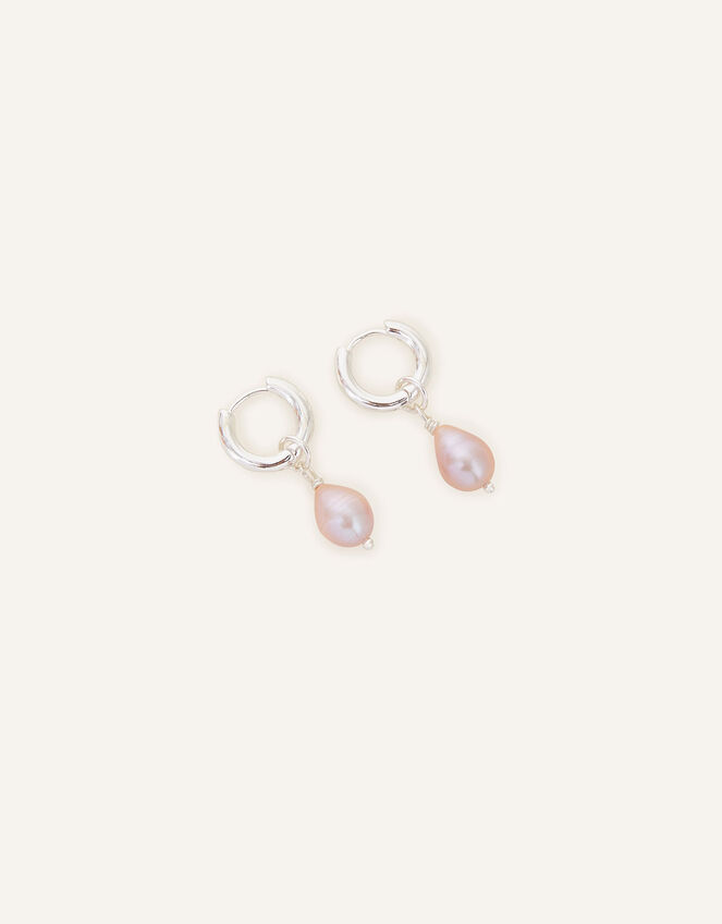 Sterling Silver Plated Pearl Huggie Hoops, , large