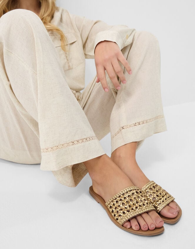 Woven Metallic Leather Slide Sandals, Gold (GOLD), large