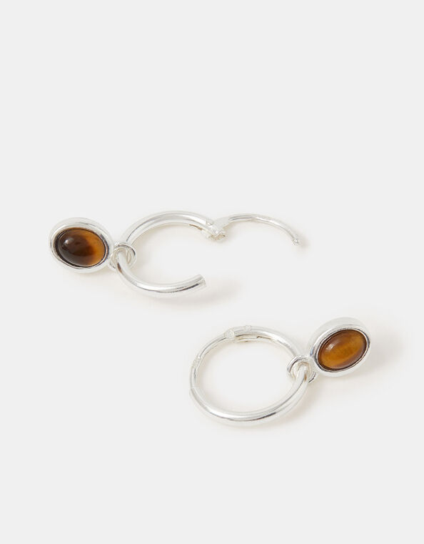 Sterling Silver Healing Stone Hoop Earrings, Brown (BROWN), large