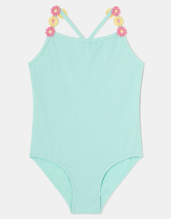 Girls Flower Strap Swimsuit , Blue (BLUE), large