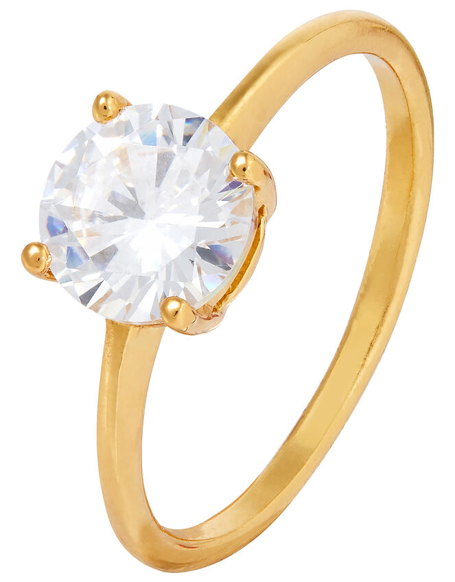 Sterling Silver Round Solitaire Ring, Gold (GOLD), large
