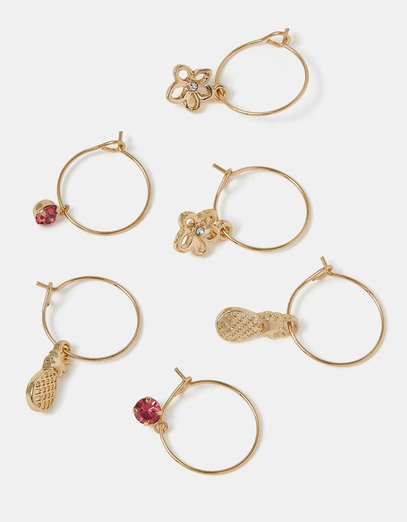 3-Pack Pineapple Gem Charm Hoop Earrings, , large
