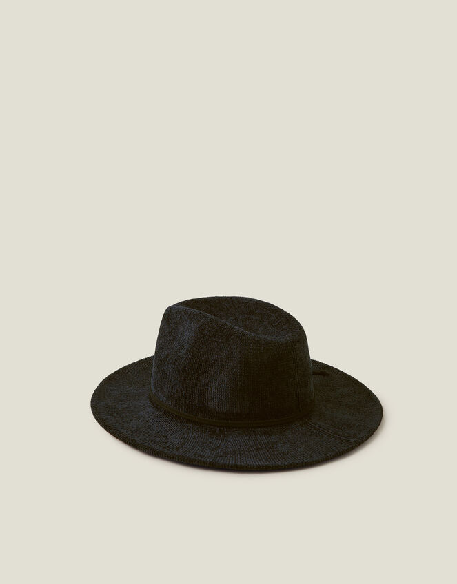 Chenille Packable Fedora Hat, Black (BLACK), large