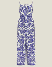 Sleeveless Ornamental Print Jumpsuit, Blue (BLUE), large