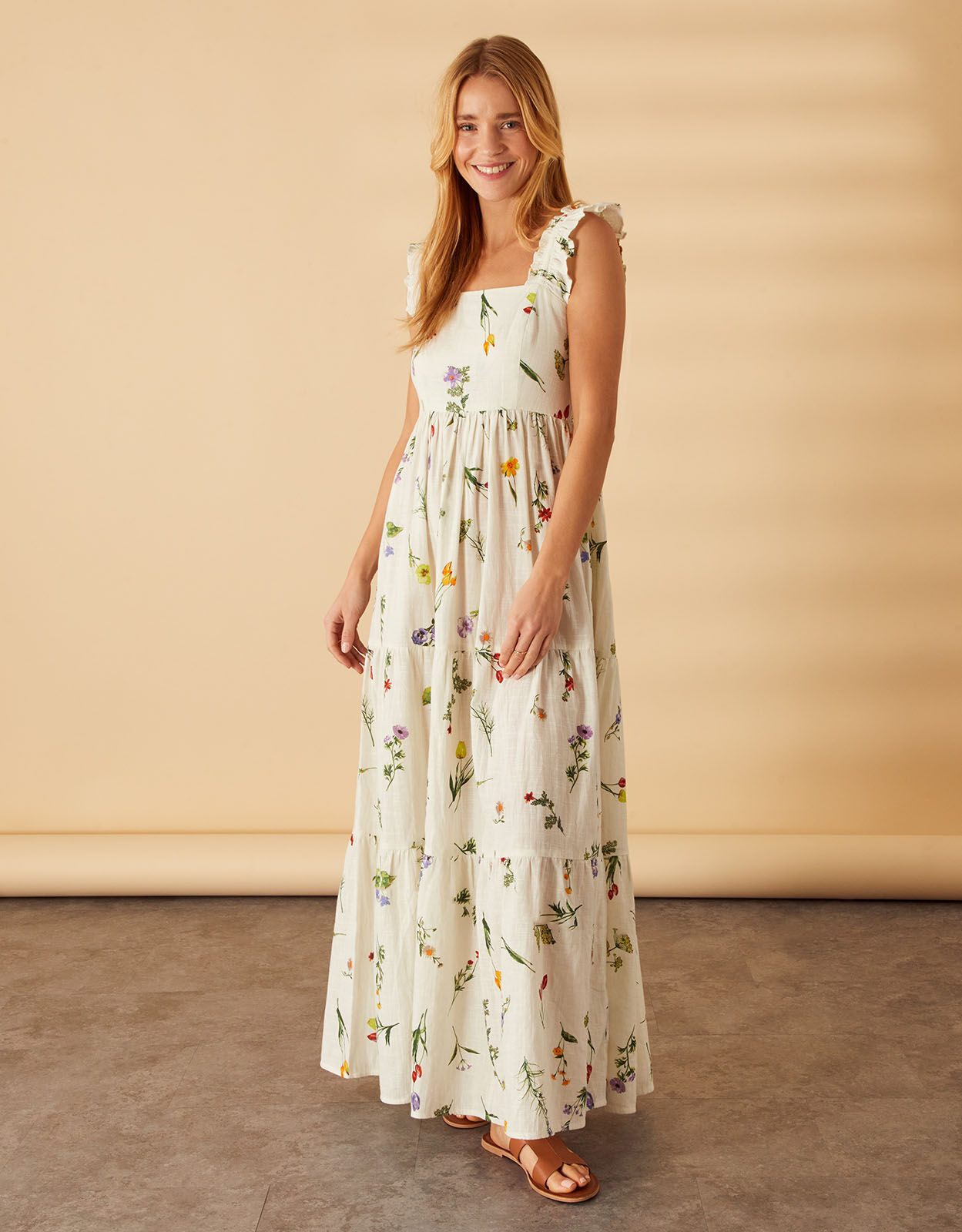 Botanical Tiered Floral Print Maxi Dress Ivory Beach holiday