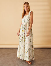 Botanical Tiered Floral Print Maxi Dress, Ivory (IVORY), large