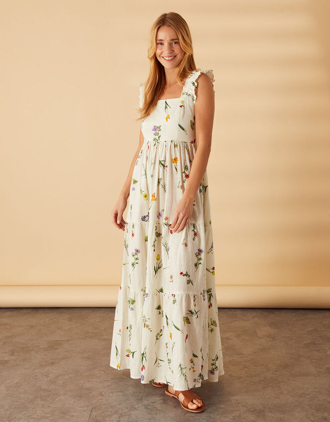 Botanical Tiered Floral Print Maxi Dress, Ivory (IVORY), large