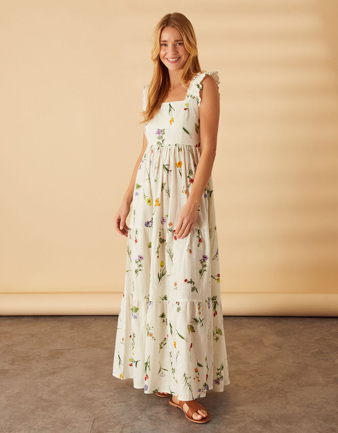 Botanical Tiered Floral Print Maxi Dress Ivory