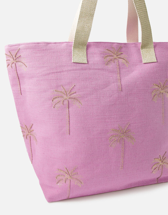 Paradise Palm Print Embroidered Tote Bag, Pink (PINK), large