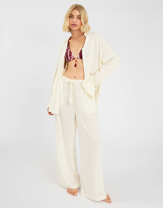 Long Sleeve Stripe Beach Cover Up Shirt, Ivory (IVORY), large