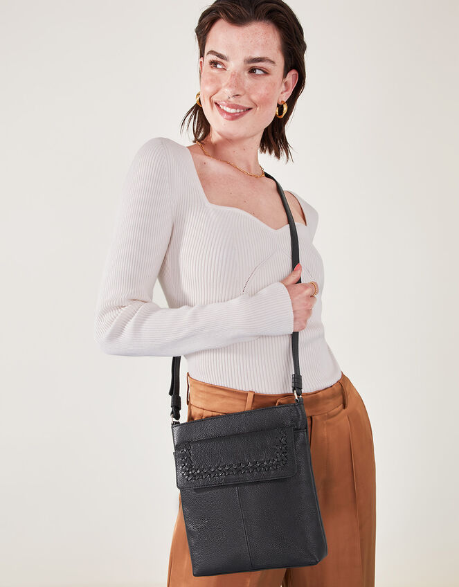 Leather Stitch Detail Messenger Bag, , large