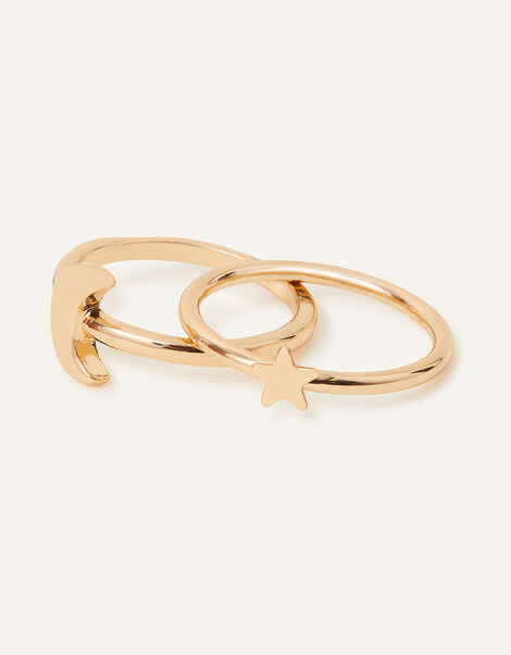 Star and Moon Rings Set of Two Gold, Gold (GOLD), large