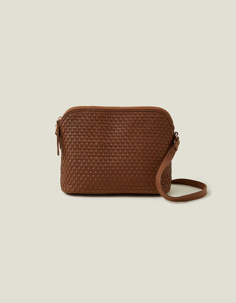 Leather Woven Cross-Body Bag, Tan (TAN), large