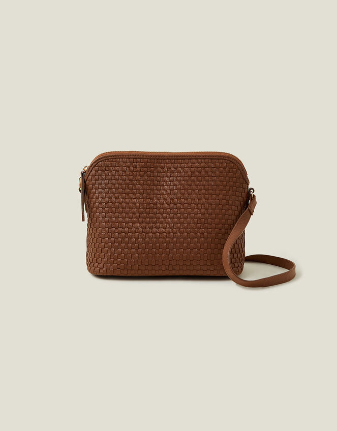 Leather Woven Cross-Body Bag, Tan (TAN), large