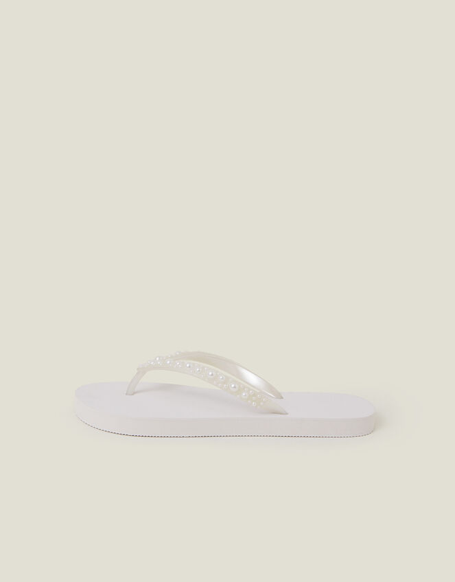 Pearl Embellished Flip Flops, White (WHITE), large