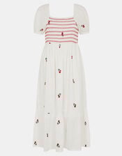 Puff Sleeve Cherry Embroidered Midi Dress, White (WHITE), large
