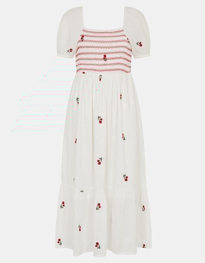 Puff Sleeve Cherry Embroidered Midi Dress, White (WHITE), large