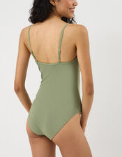 V Front Rib Shaping Swimsuit, Green (KHAKI), large