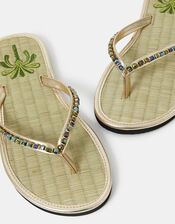 Beaded Palm Seagrass Flip Flops, Gold (GOLD), large