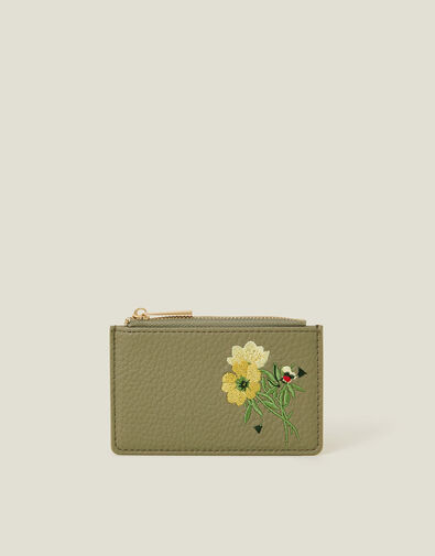 Embroidered Floral Card Holder, Green (KHAKI), large