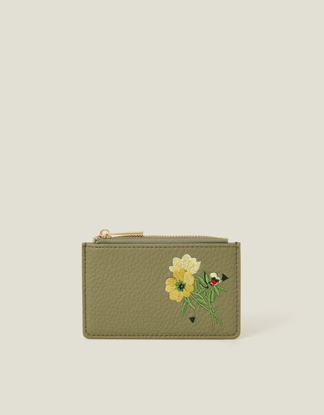 Embroidered Floral Card Holder, Green (KHAKI), large